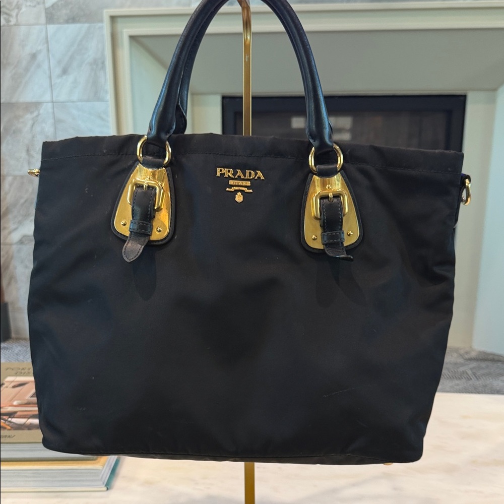 Prada Black Nylon Tote with Gold Hardware Accents